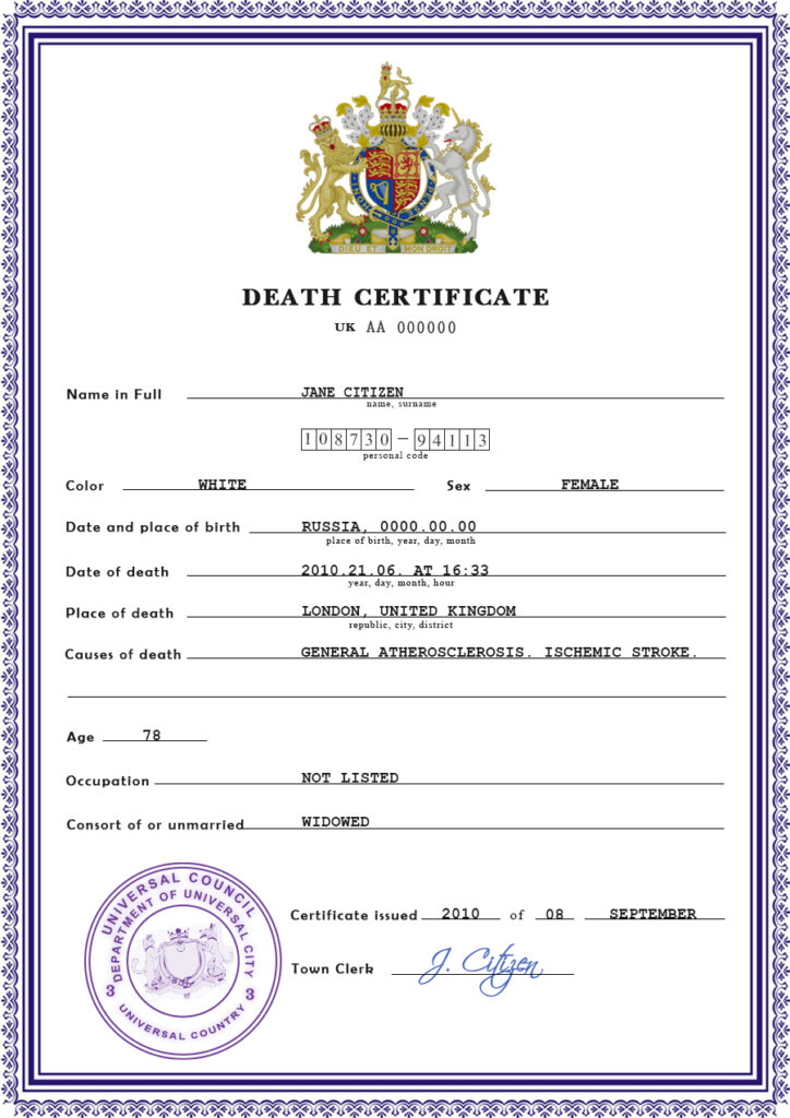 Customizable Certificate Expert Vital Record Universal Death Certificate PSD Templates