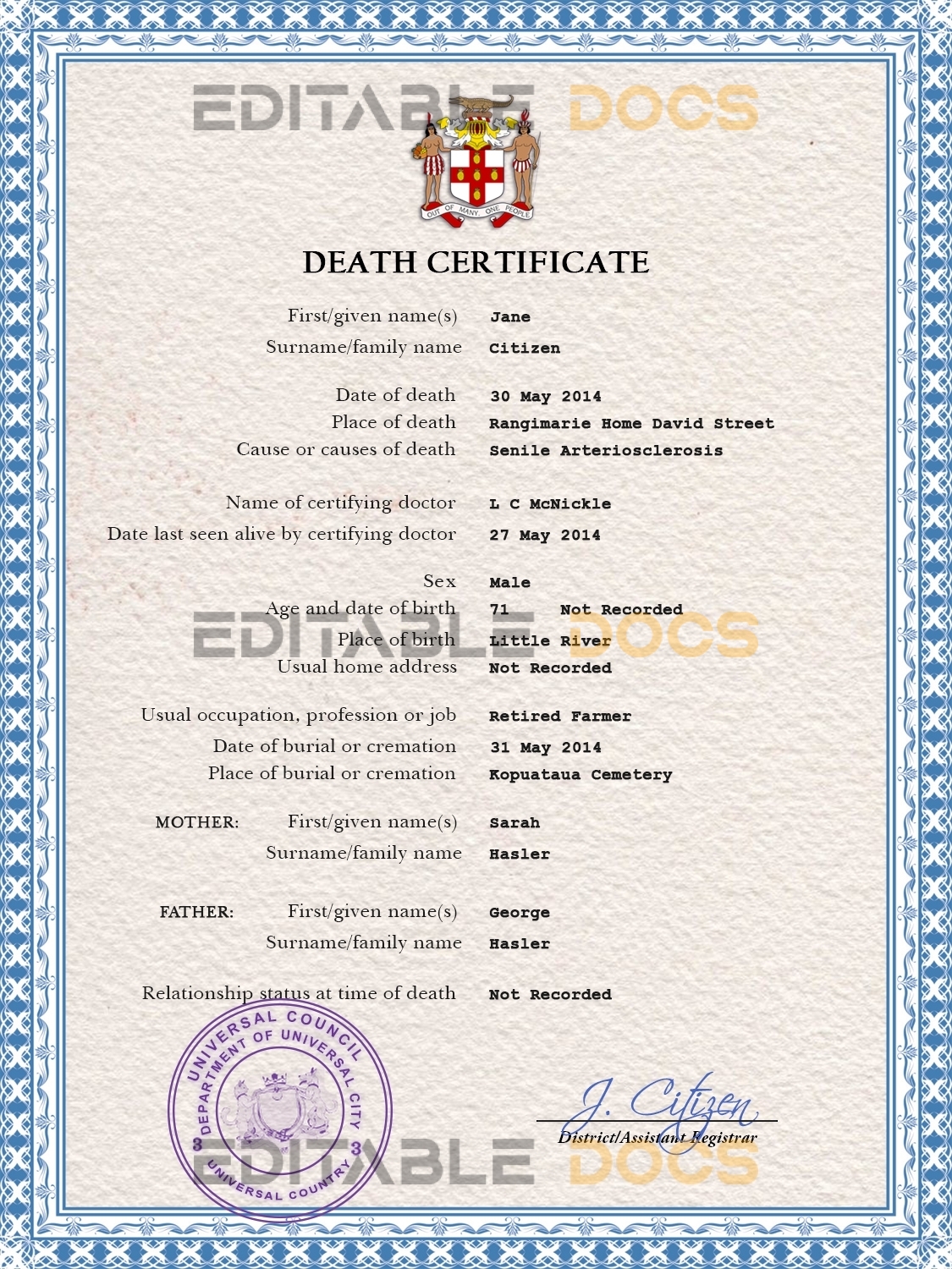 Customizable Certificate Leader Universal Death Certificate PSD Templates