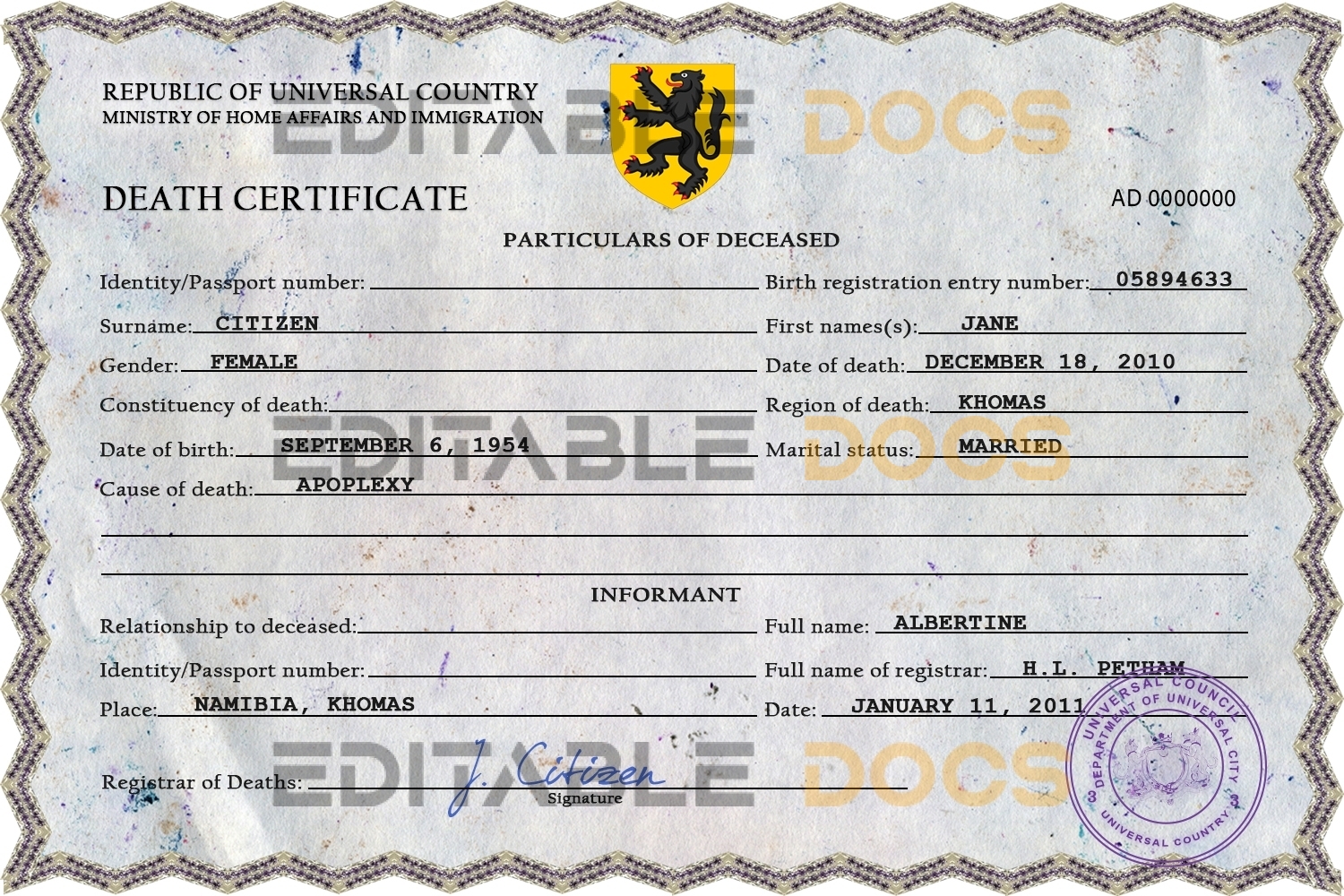 Customizable Click Vital Record Universal Death Certificate PSD Templates | Instant Download