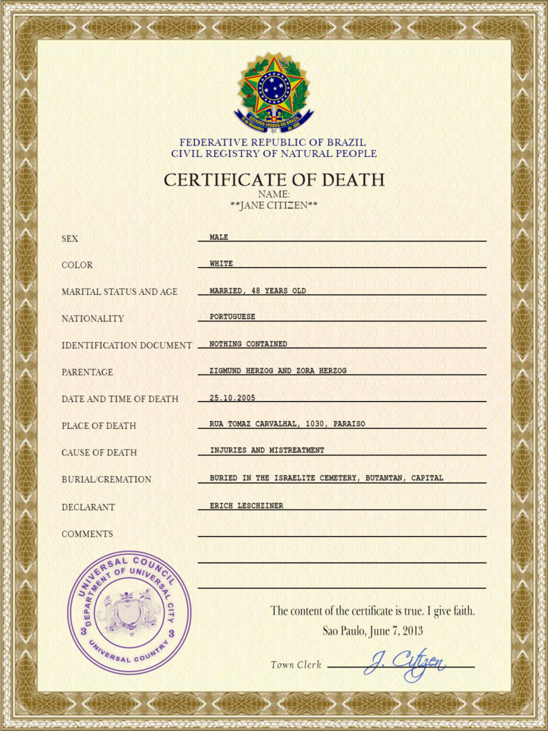Customizable Coat Super Vital Record Universal Death Certificate PSD Templates