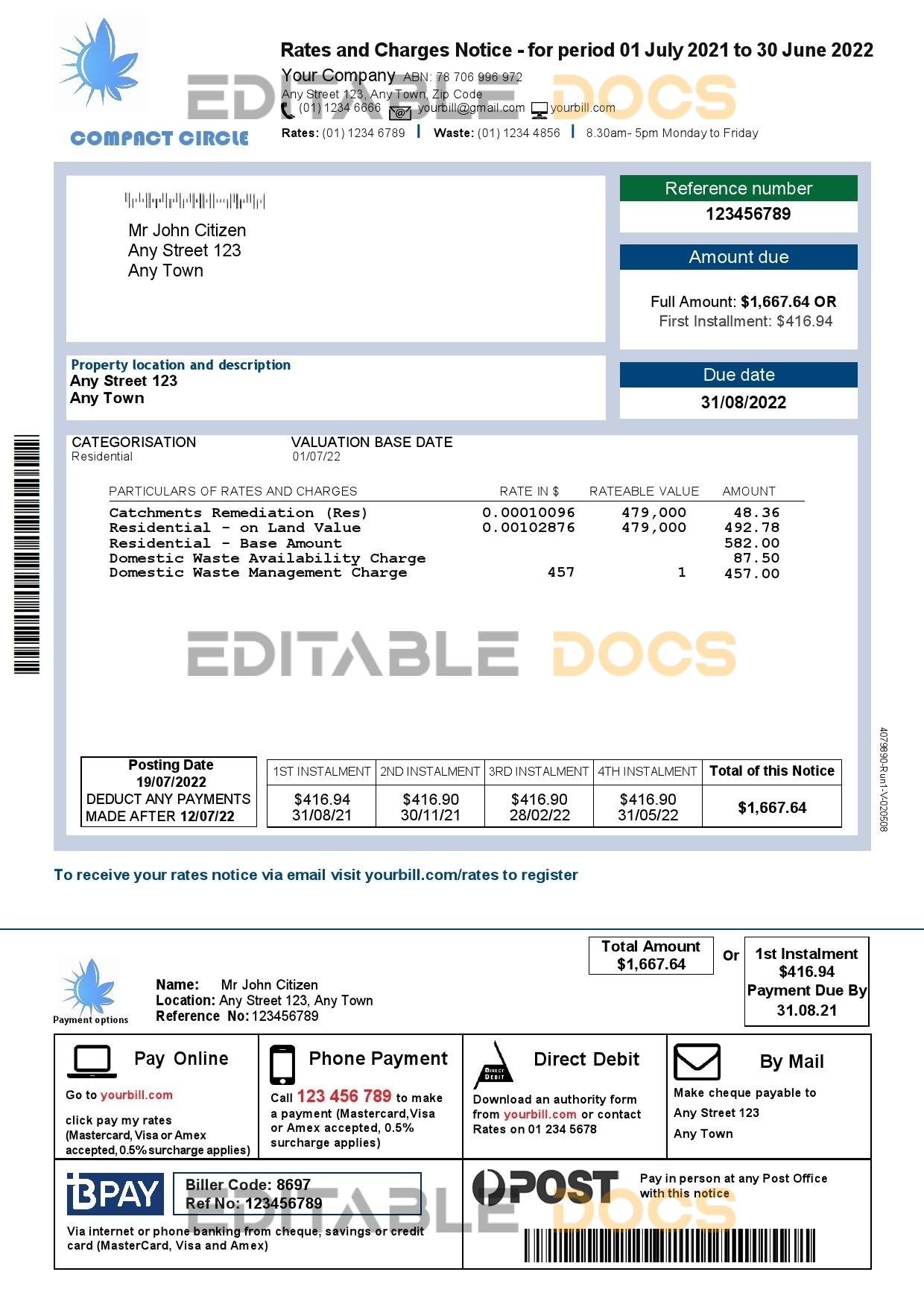compact circle universal multipurpose utility bill template in Word and PDF format