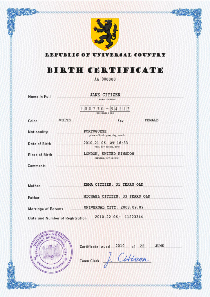 Authentic core tide universal Birth Certificate PSD Template