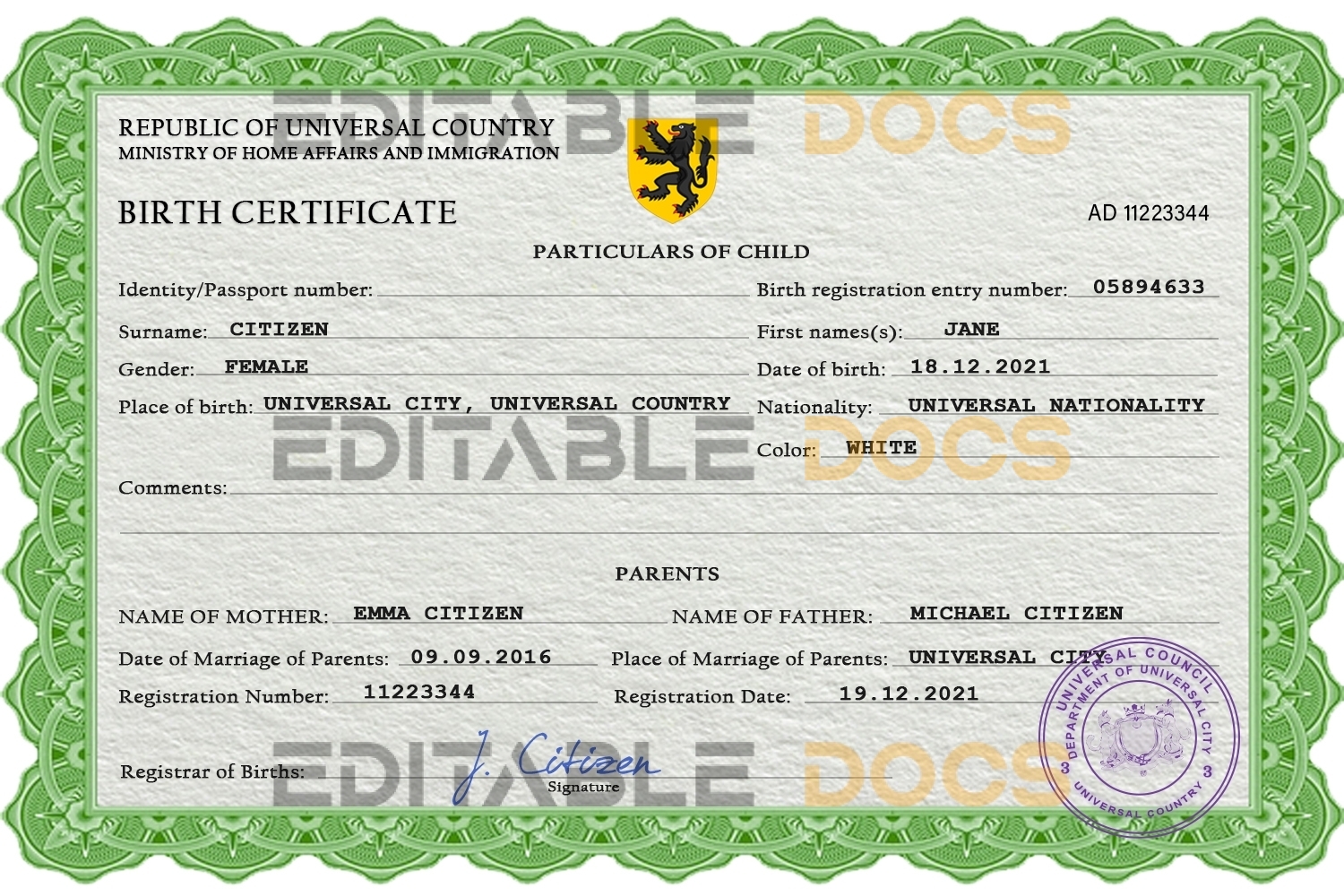 Authentic dime project universal Birth Certificate PSD Template | Customize and Download Online