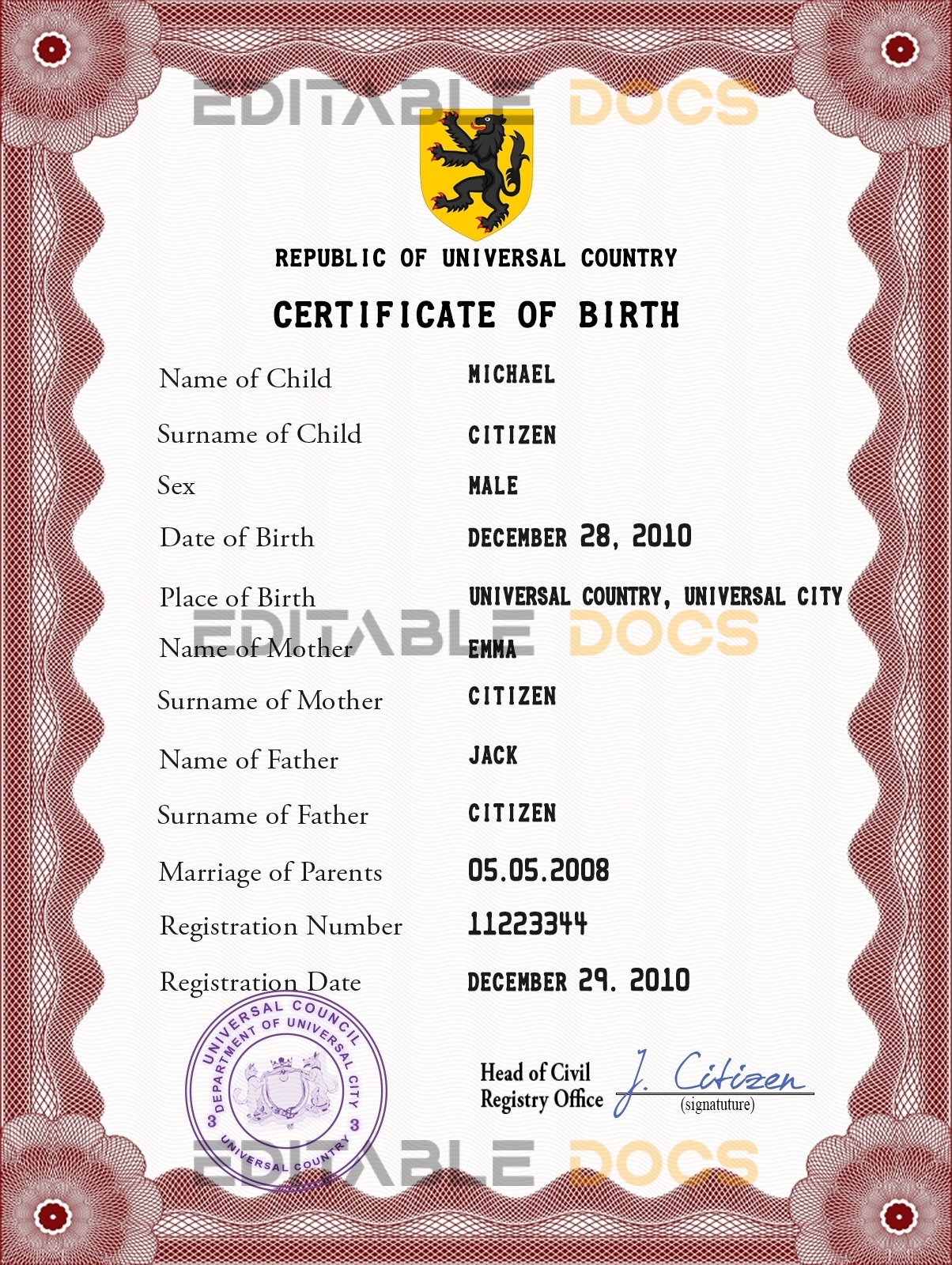 Authentic disclosure universal Birth Certificate PSD Template | Customize and Download Online