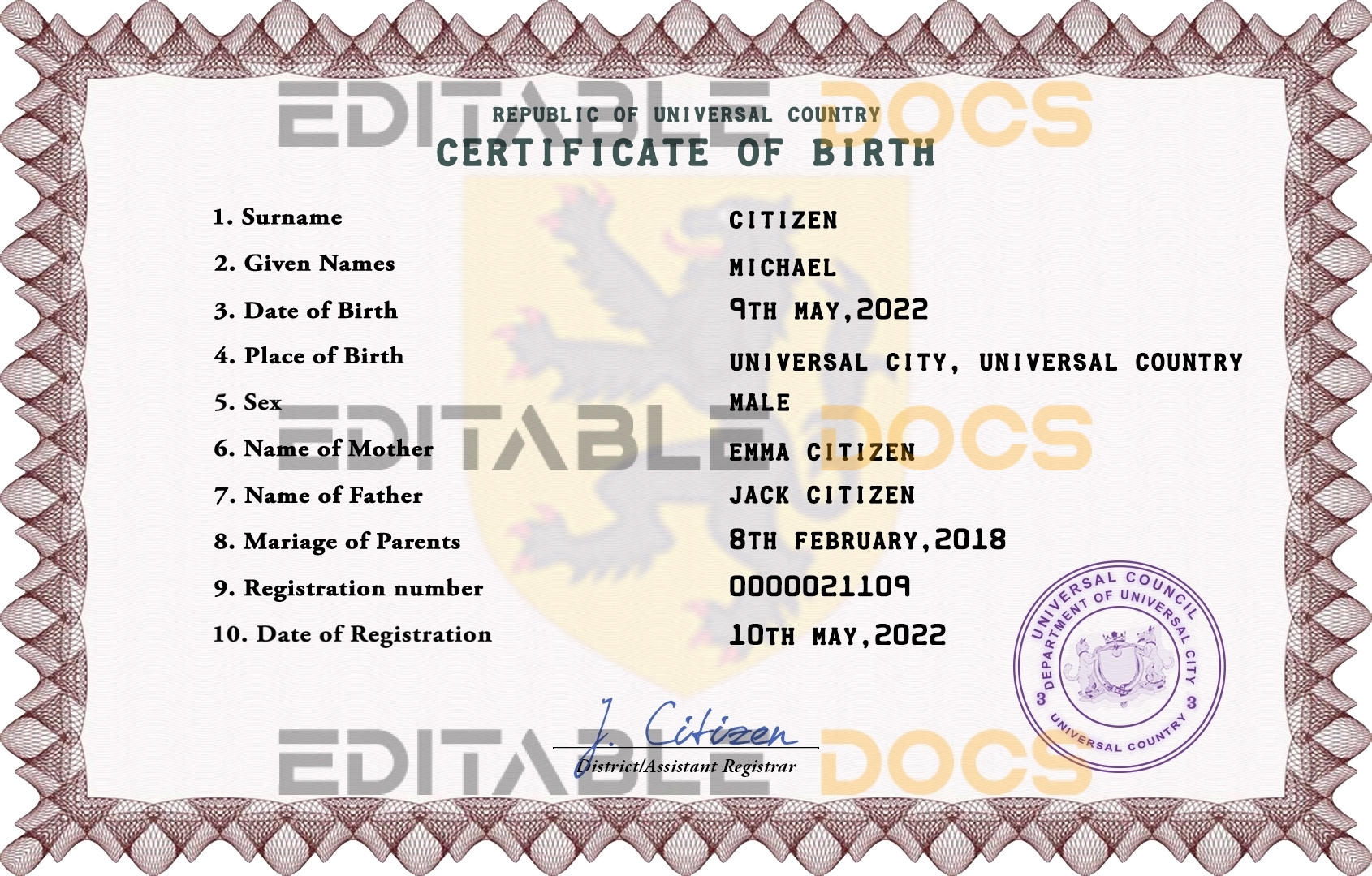 Authentic discover universal Birth Certificate PSD Template | Customize and Download Online