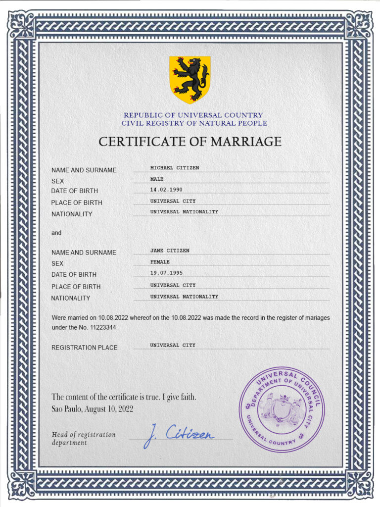 experienced universal Marriage Certificate