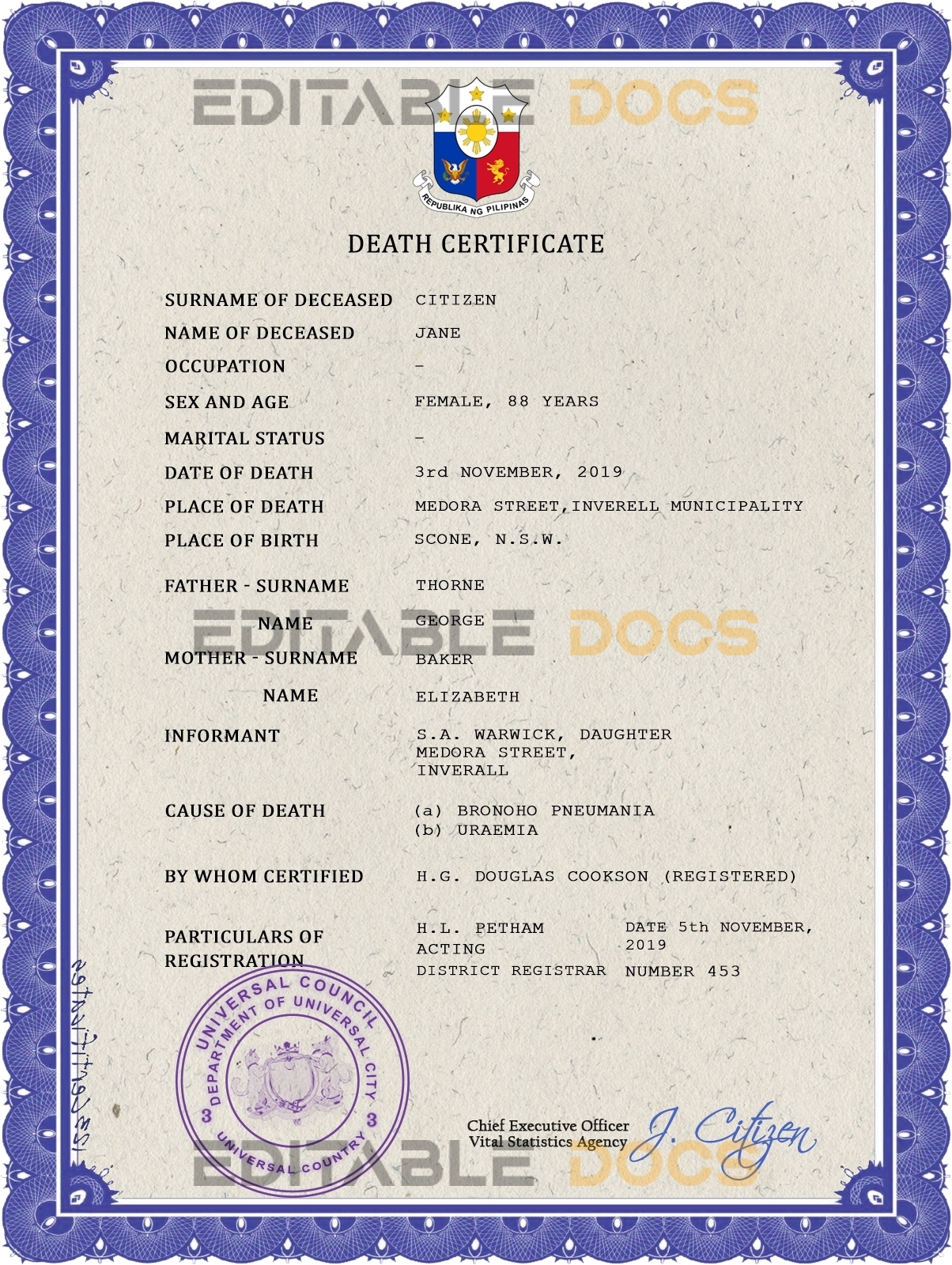 Customizable Faith Universal Death Certificate PSD Templates | Instant Download