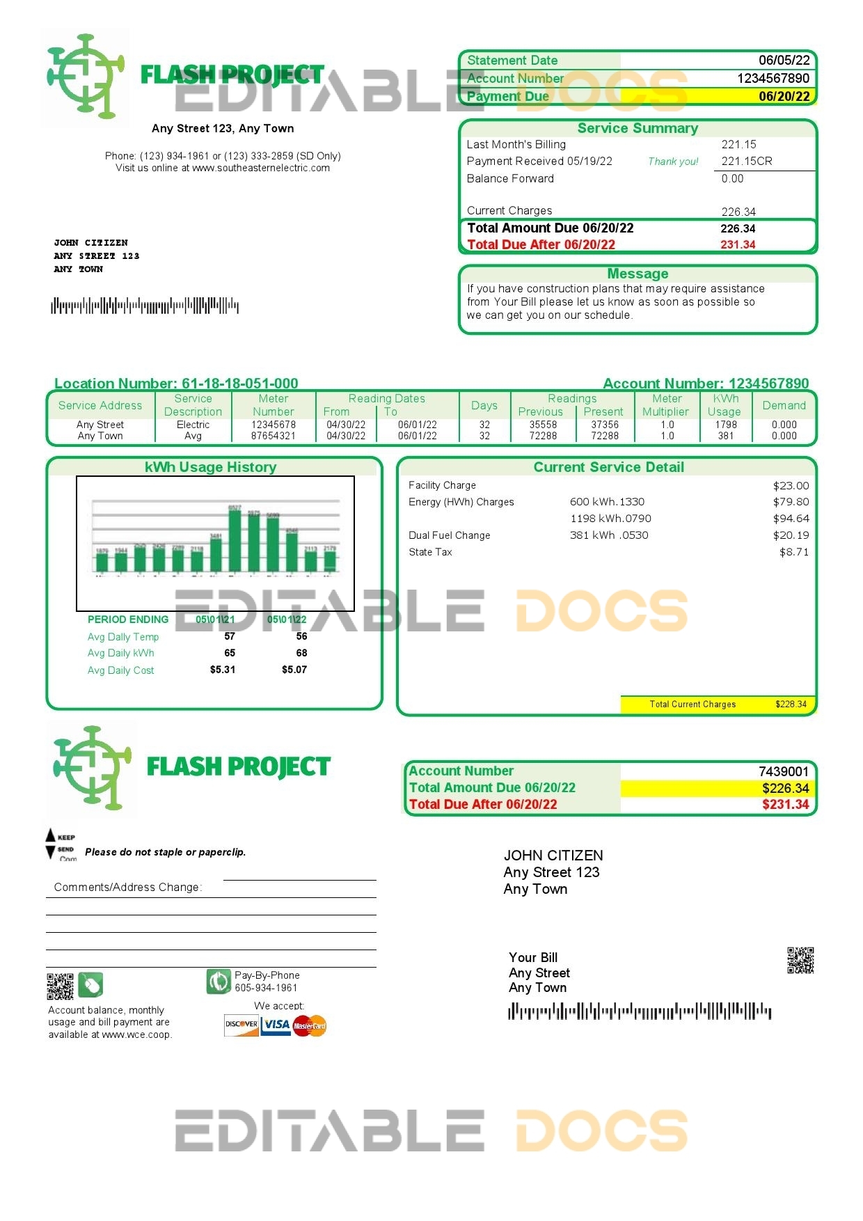 flash project universal multipurpose utility bill template in Word and PDF format