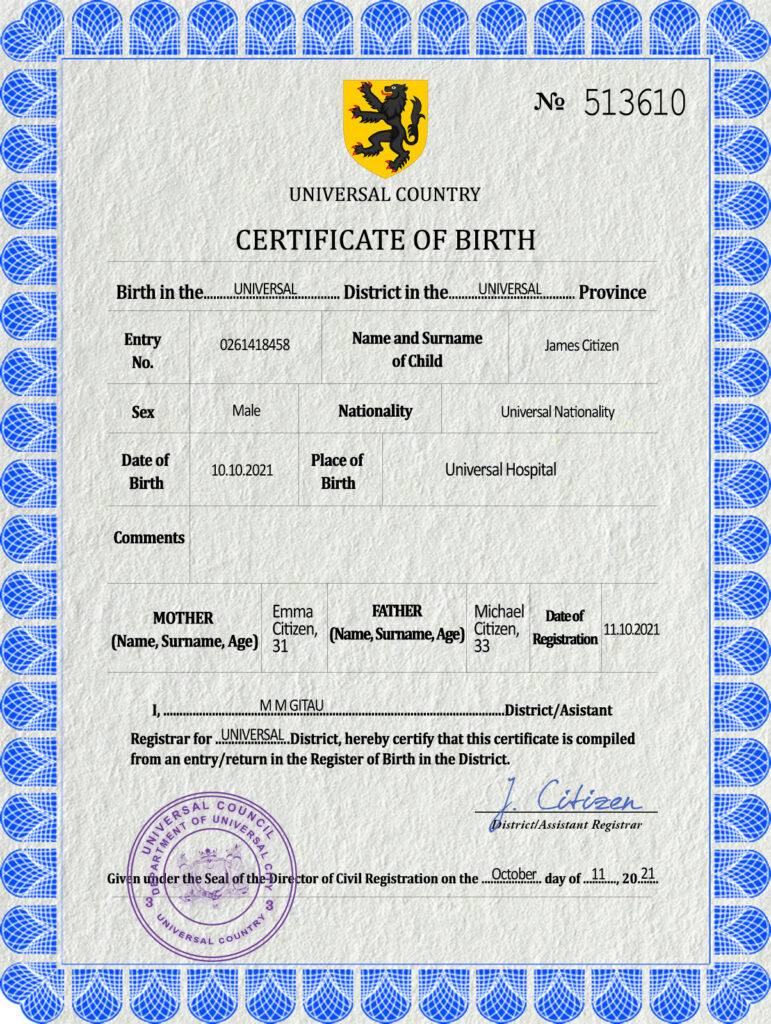 Authentic flow universal Birth Certificate PSD Template