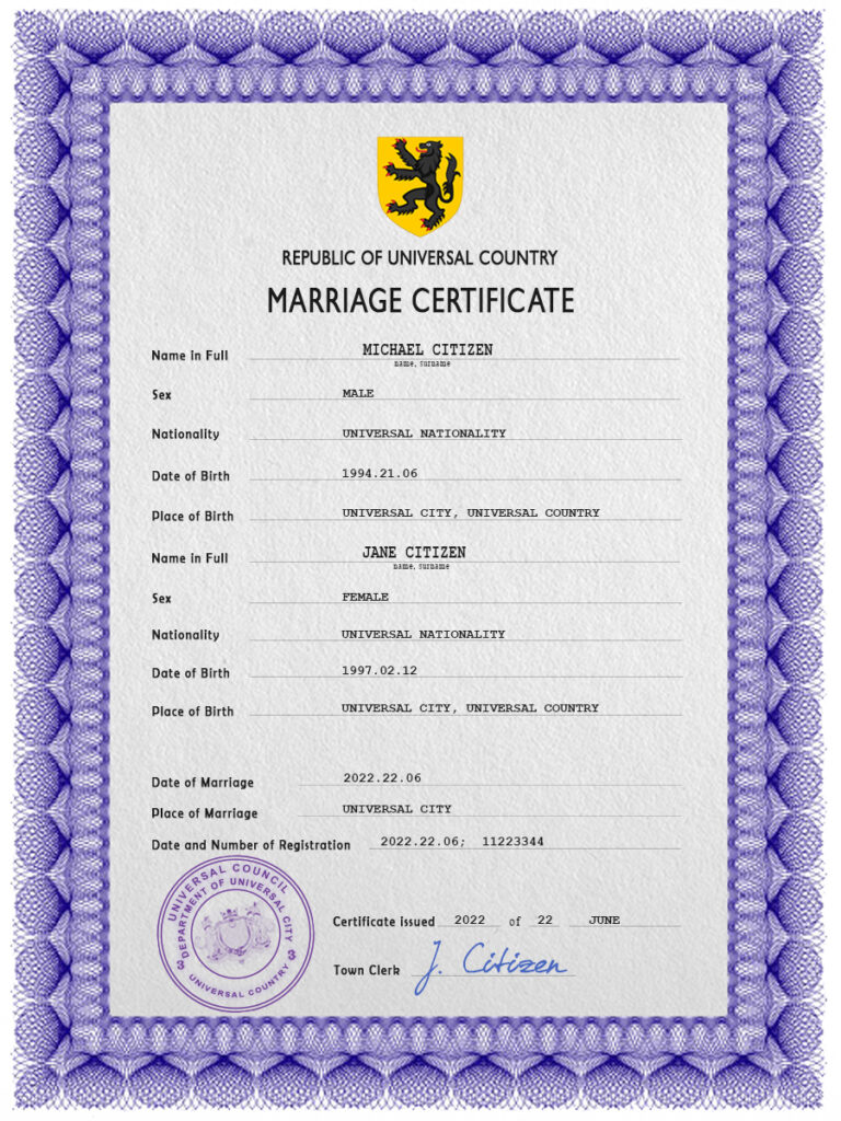 focal universal Marriage Certificate