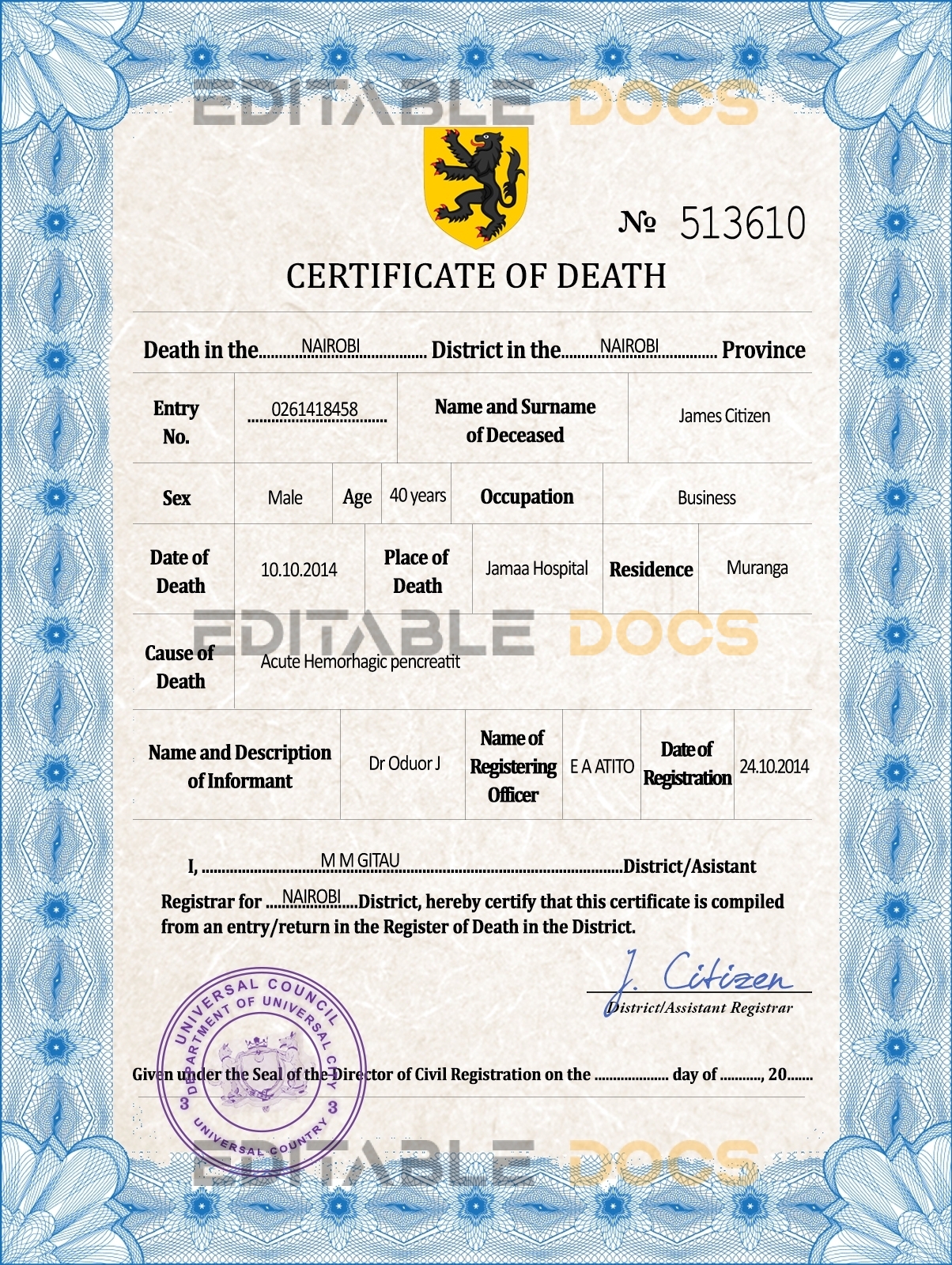 Customizable Foster Universal Death Certificate PSD Templates | Instant Download
