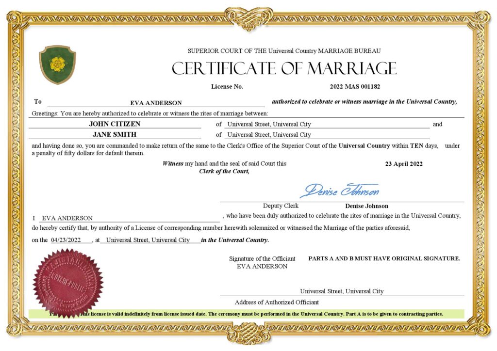 grace universal Marriage Certificate