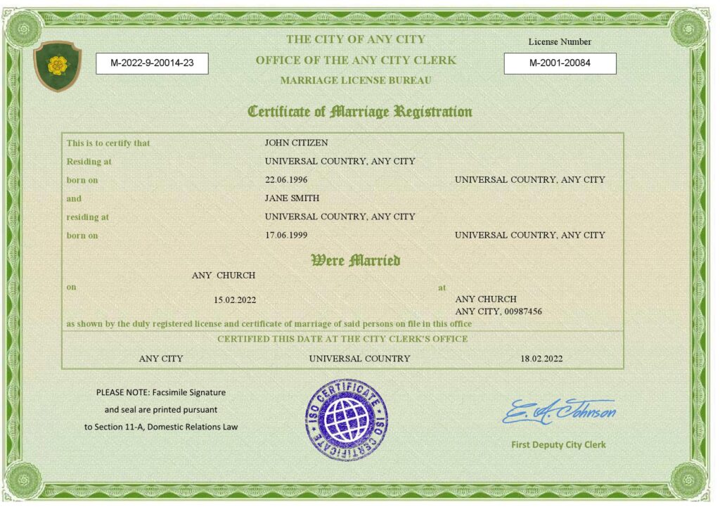 green universal Marriage Certificate