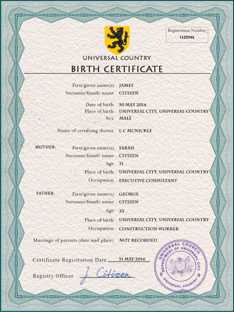 Authentic honor universal Birth Certificate PSD Template