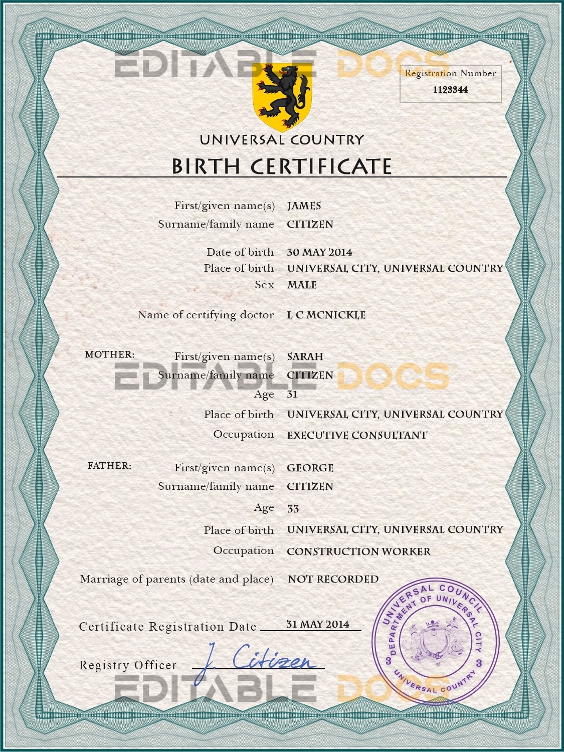 Authentic honor universal Birth Certificate PSD Template | Customize and Download Online
