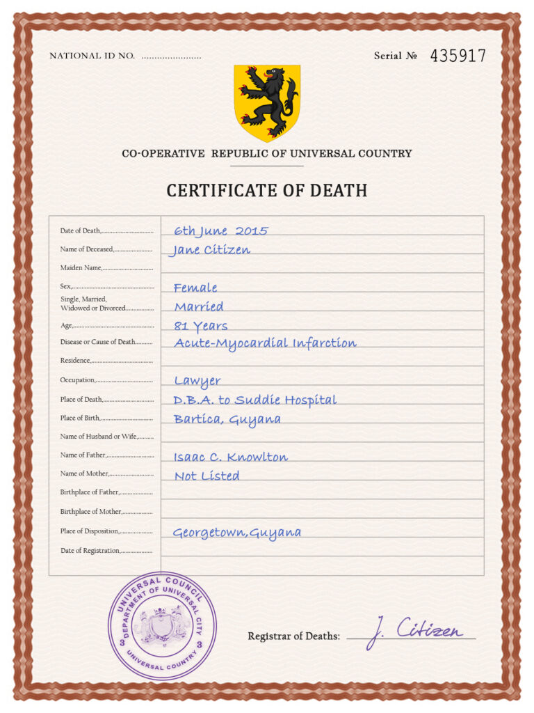 Customizable Horizon Vital Record Universal Death Certificate PSD Templates
