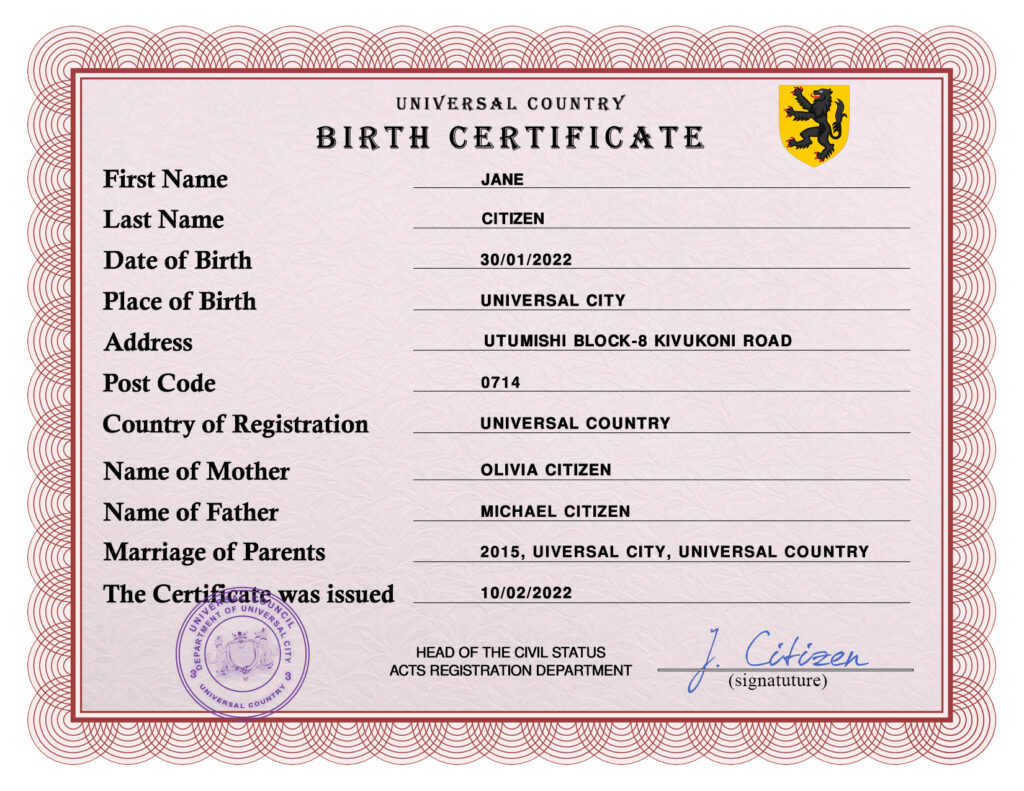 Authentic inspire universal Birth Certificate PSD Template