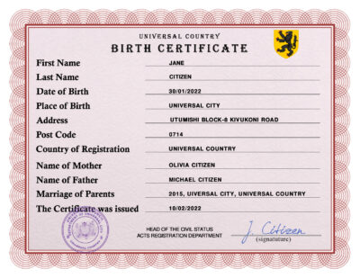 Authentic inspire universal Birth Certificate PSD Template | Customize and Download Online