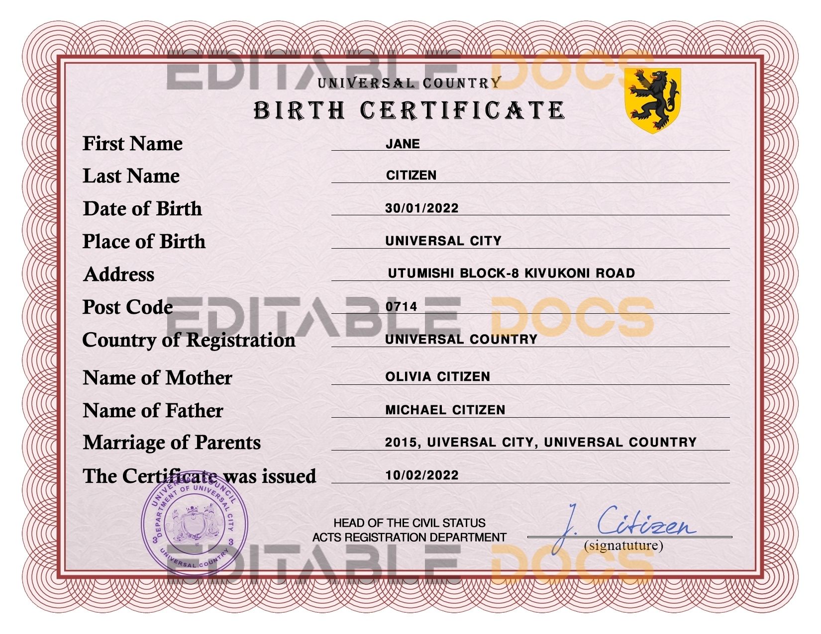 Authentic inspire universal Birth Certificate PSD Template | Customize and Download Online