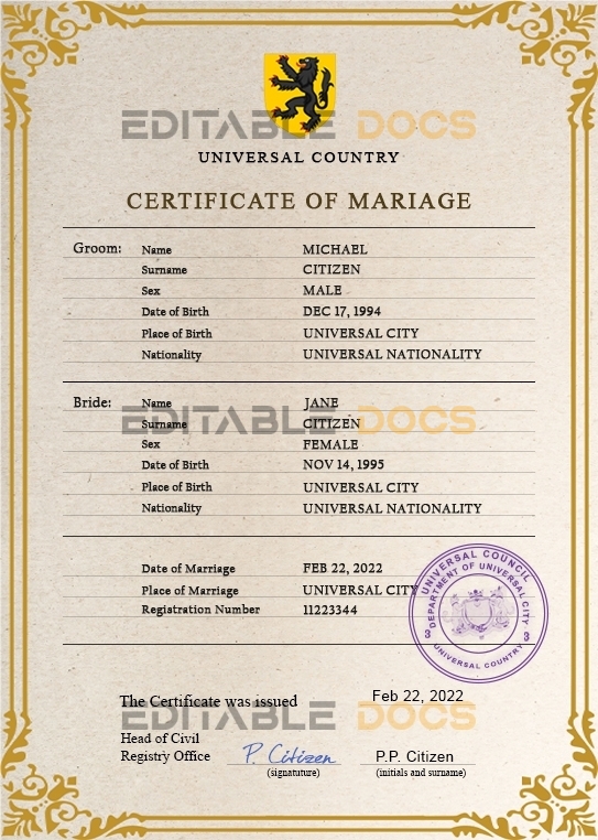 license universal Marriage Certificate