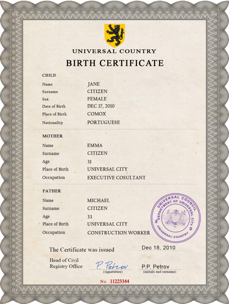 Authentic limitless split universal Birth Certificate PSD Template