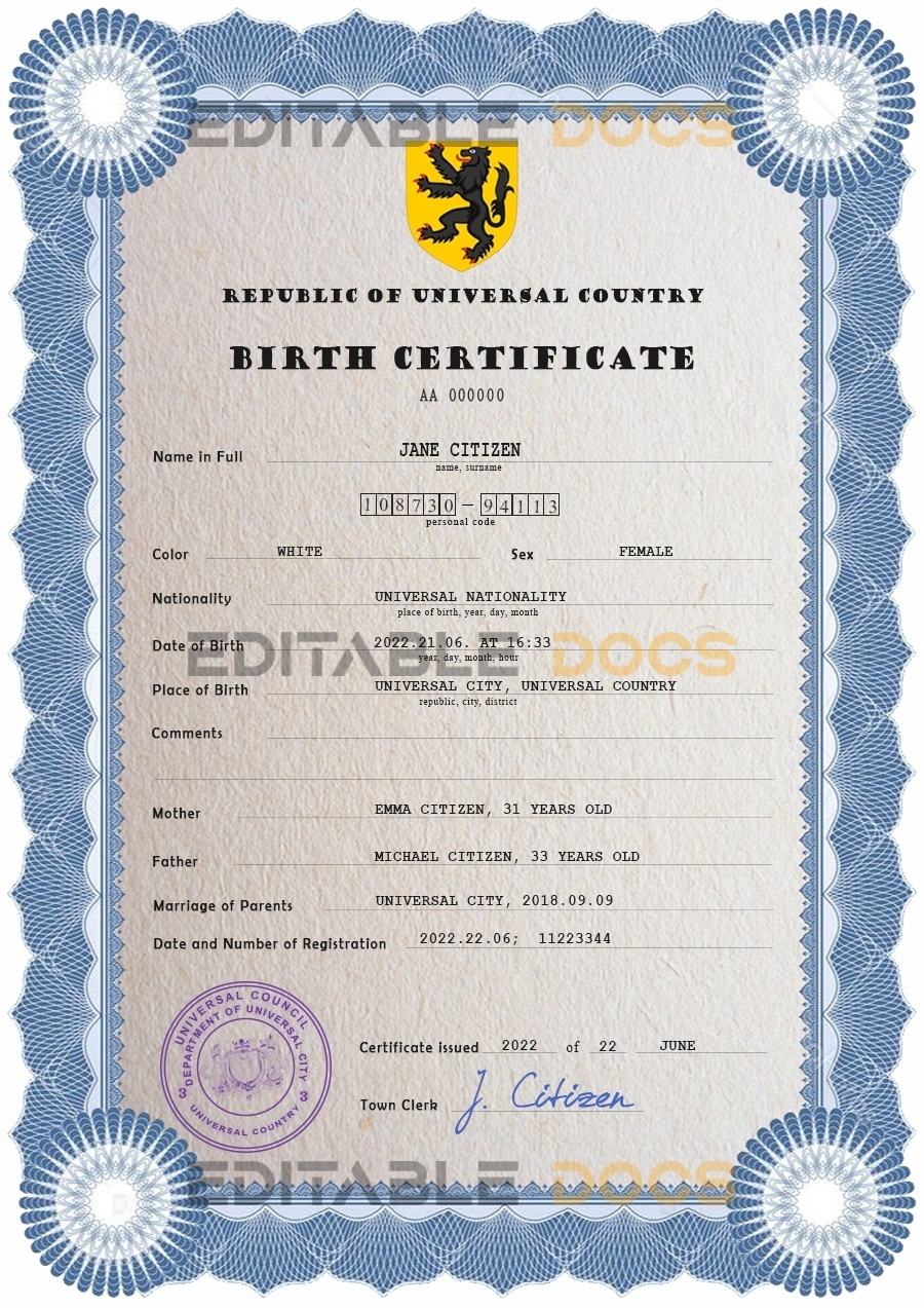 Authentic loop editor universal Birth Certificate PSD Template | Customize and Download Online