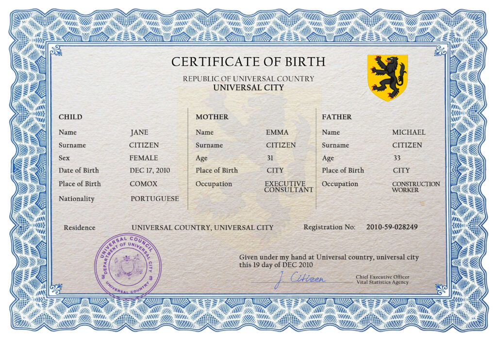 Authentic made universal Birth Certificate PSD Template