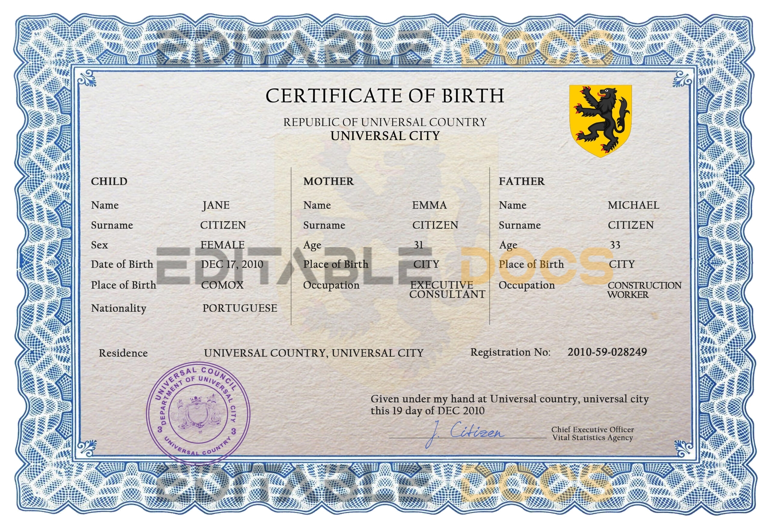 Authentic made universal Birth Certificate PSD Template