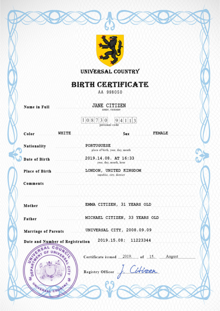 Authentic major universal Birth Certificate PSD Template