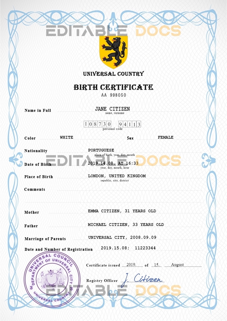 Authentic major universal Birth Certificate PSD Template | Customize and Download Online