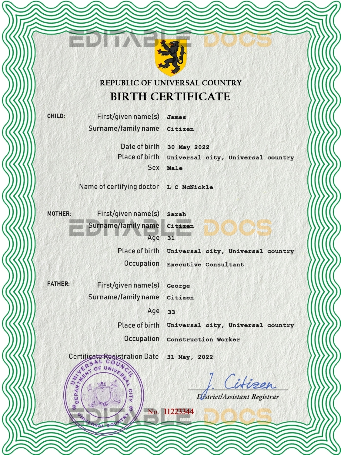 Authentic plug universal Birth Certificate PSD Template | Customize and Download Online