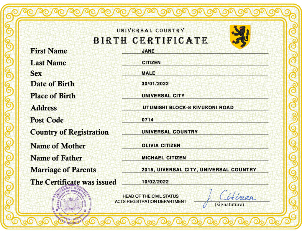 Authentic power universal Birth Certificate PSD Template