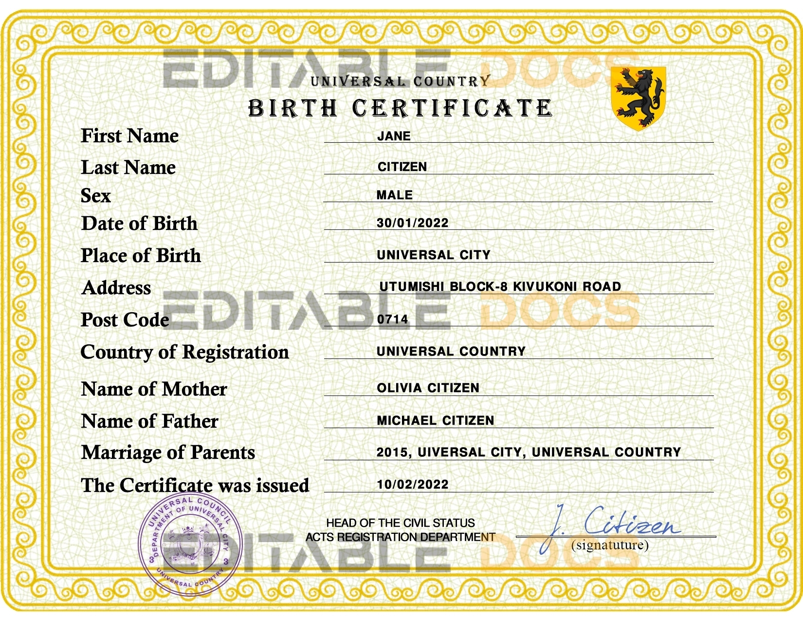 Authentic power universal Birth Certificate PSD Template | Customize and Download Online