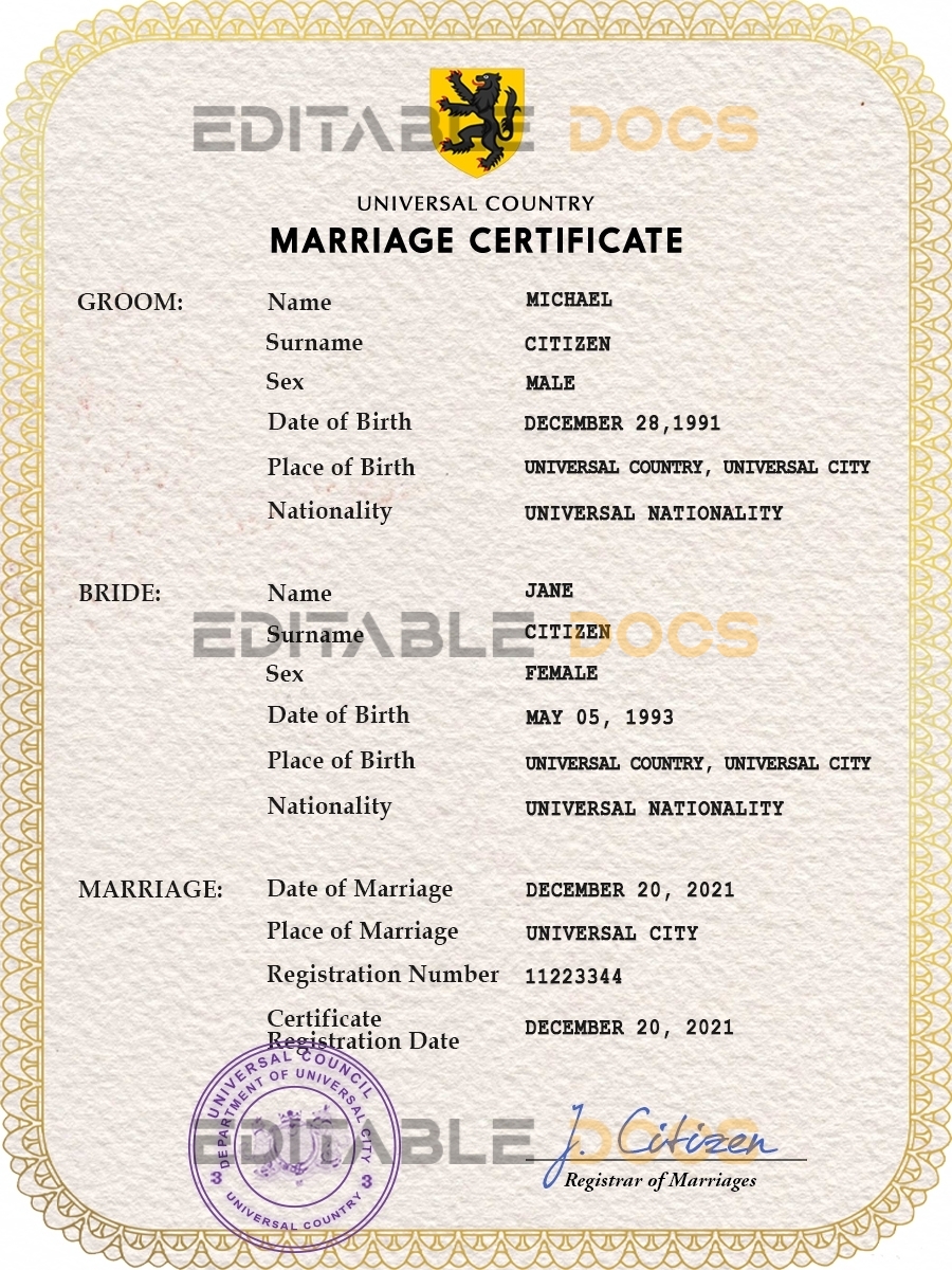 refined universal Marriage Certificate | Editable PSD Templates