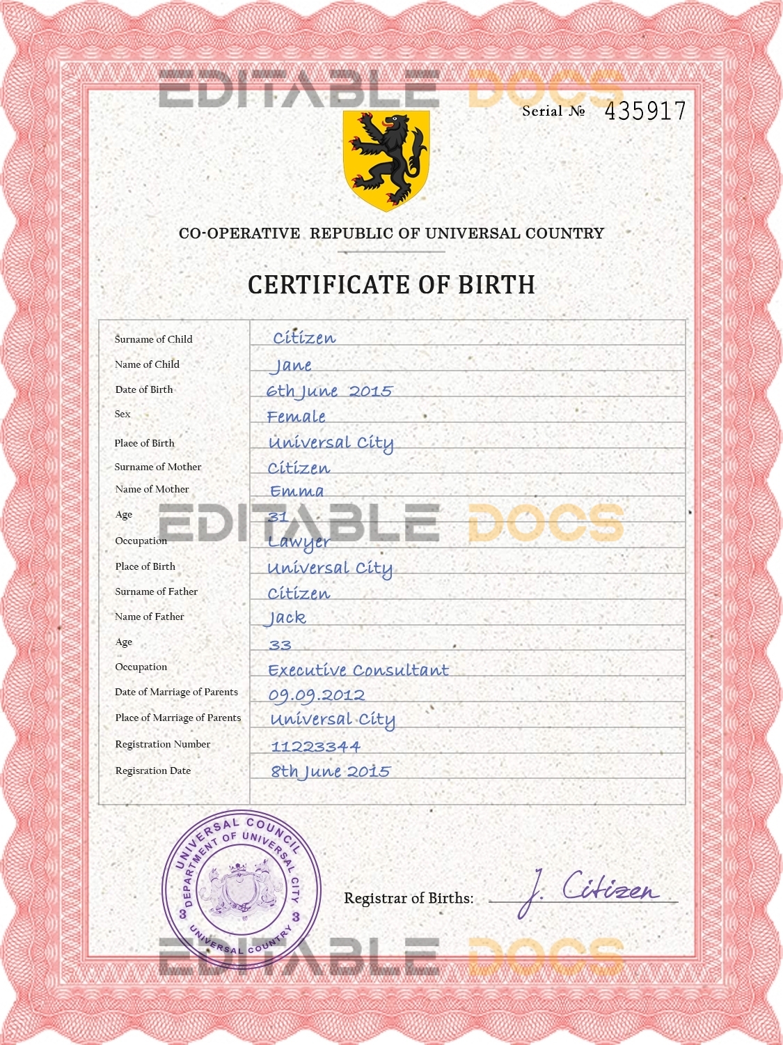Authentic scribe universal Birth Certificate PSD Template