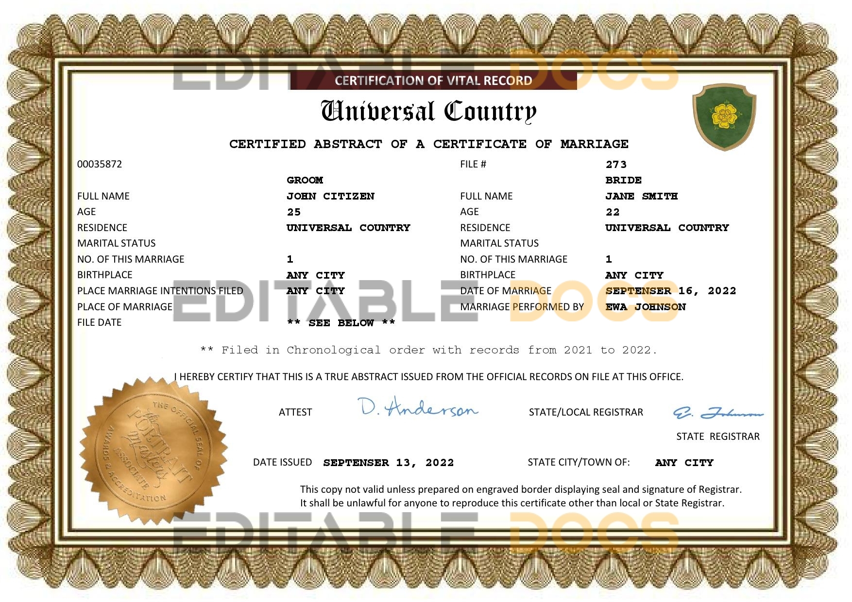 smart universal Marriage Certificate | Editable PDF Templates