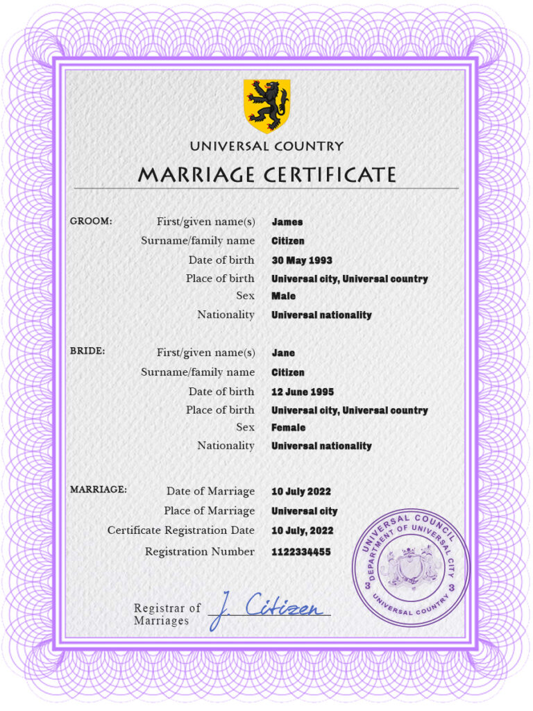 snap universal Marriage Certificate