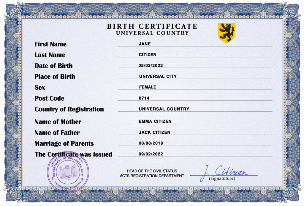 Authentic stance universal Birth Certificate PSD Template