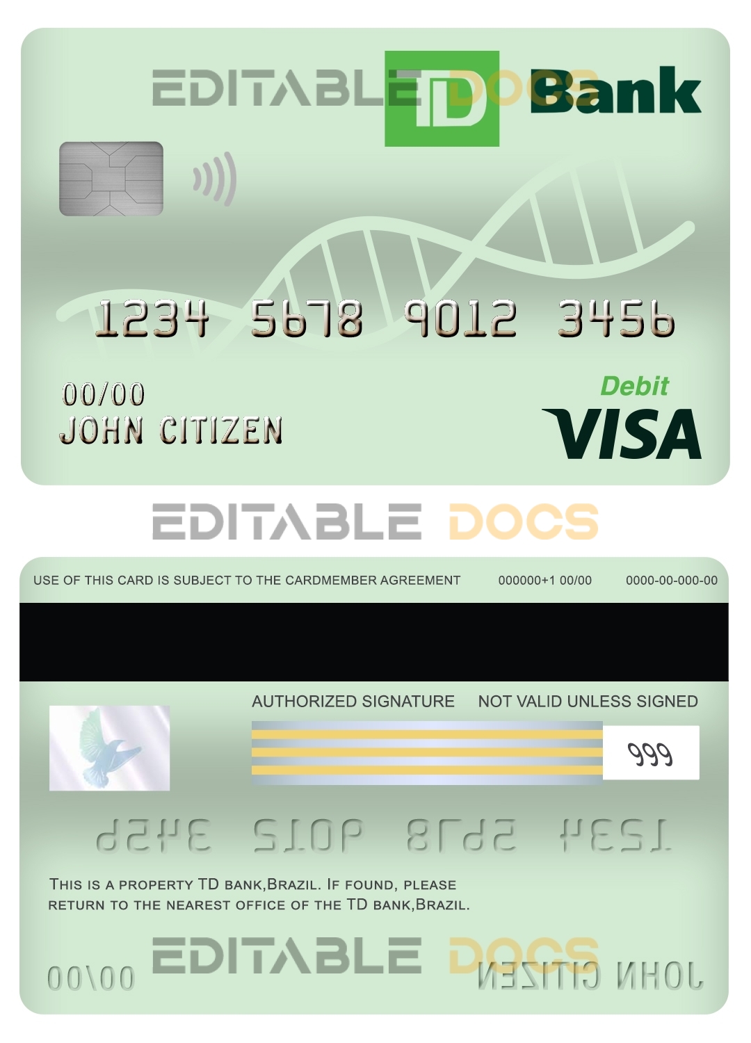 Editable td brasil bank visa debit card Templates
