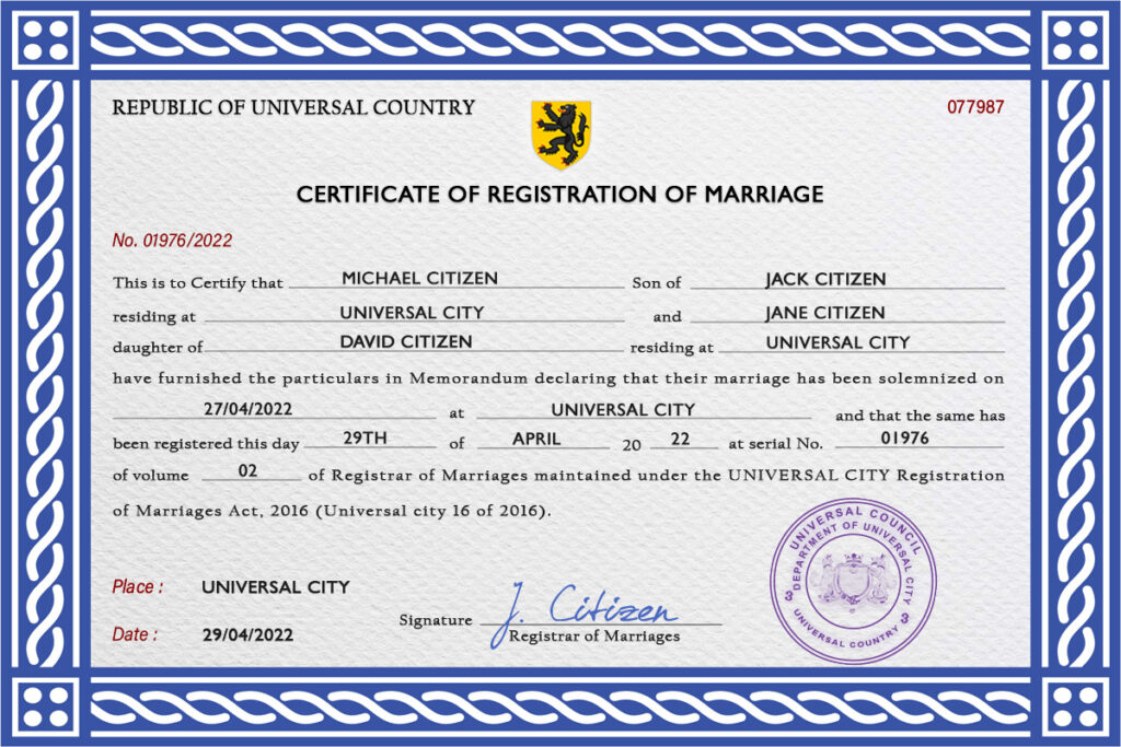 tickle universal Marriage Certificate