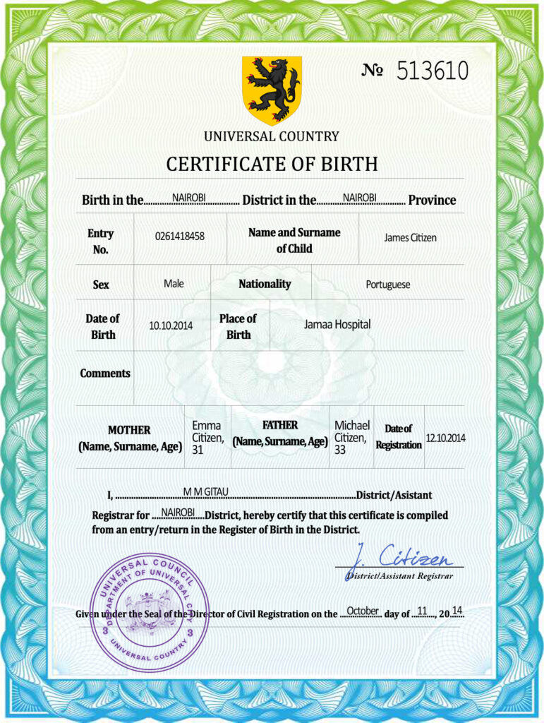 Authentic united assembly universal Birth Certificate PSD Template