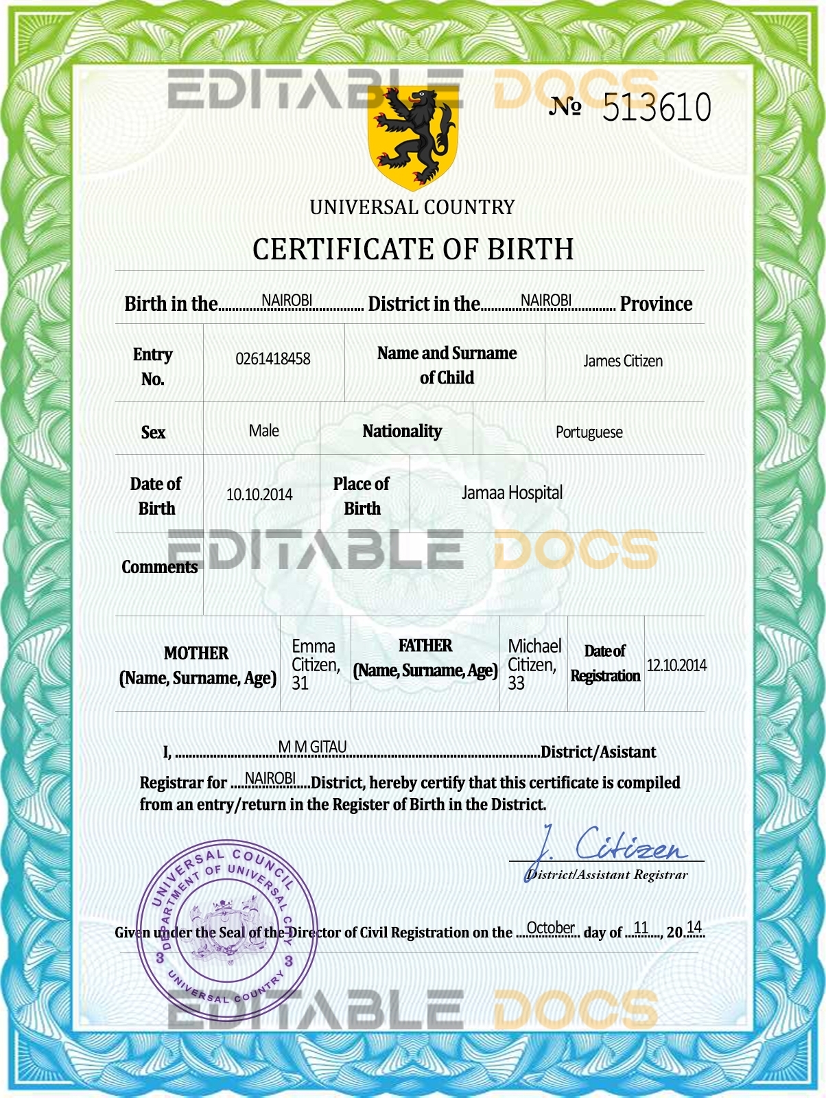 Authentic united assembly universal Birth Certificate PSD Template | Customize and Download Online