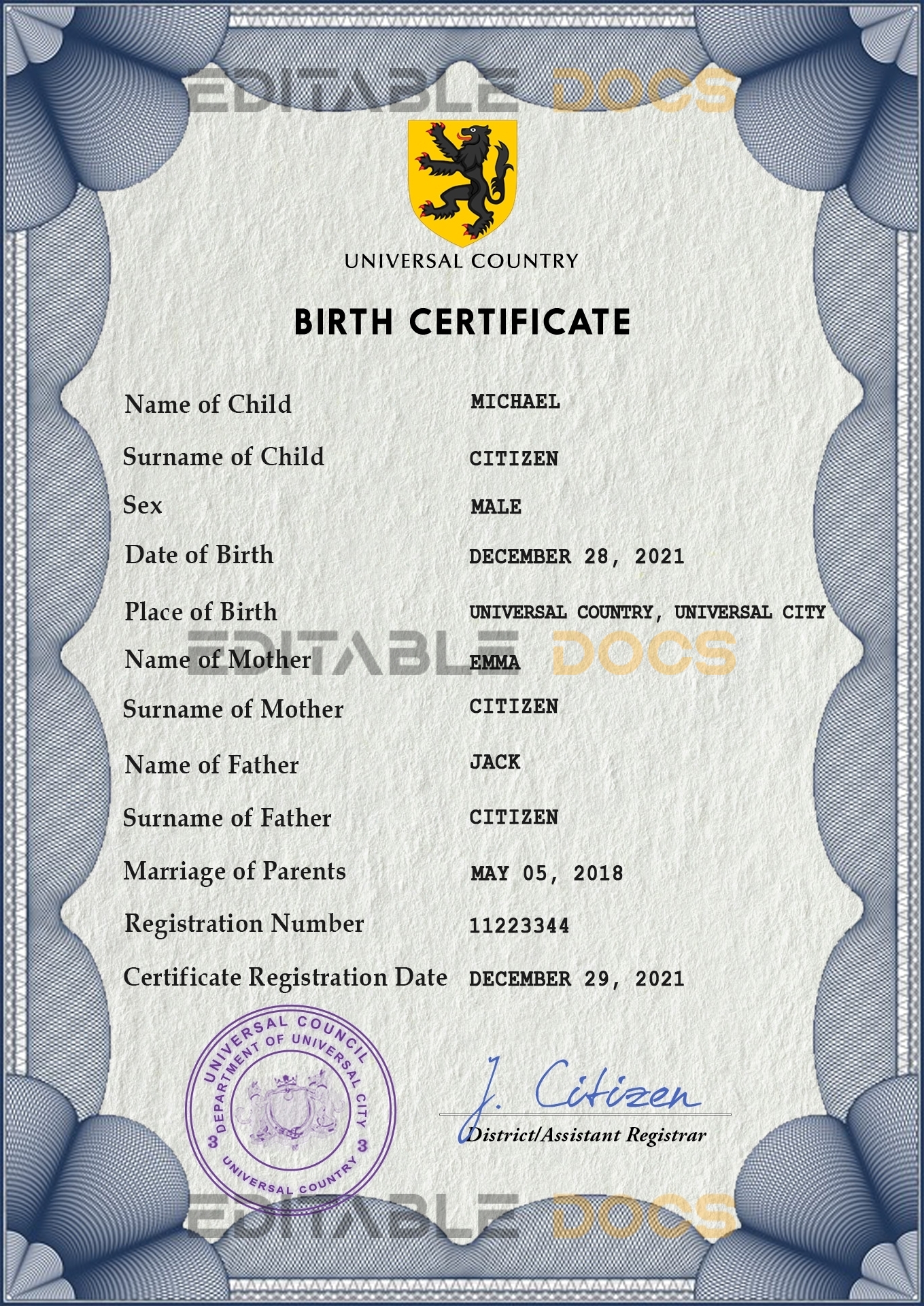 Authentic universbia universal Birth Certificate PSD Template | Customize and Download Online