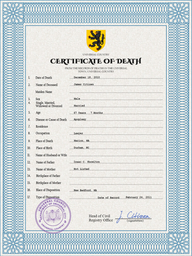 Customizable Variety Vital Record Universal Death Certificate PSD Templates