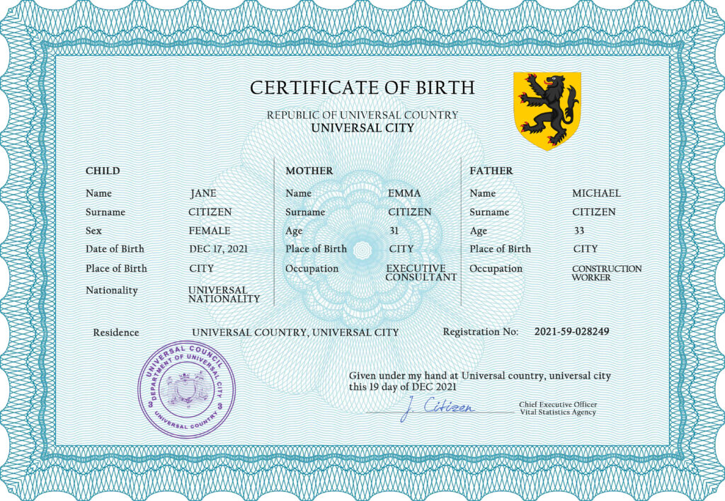 Authentic voice universal Birth Certificate PSD Template