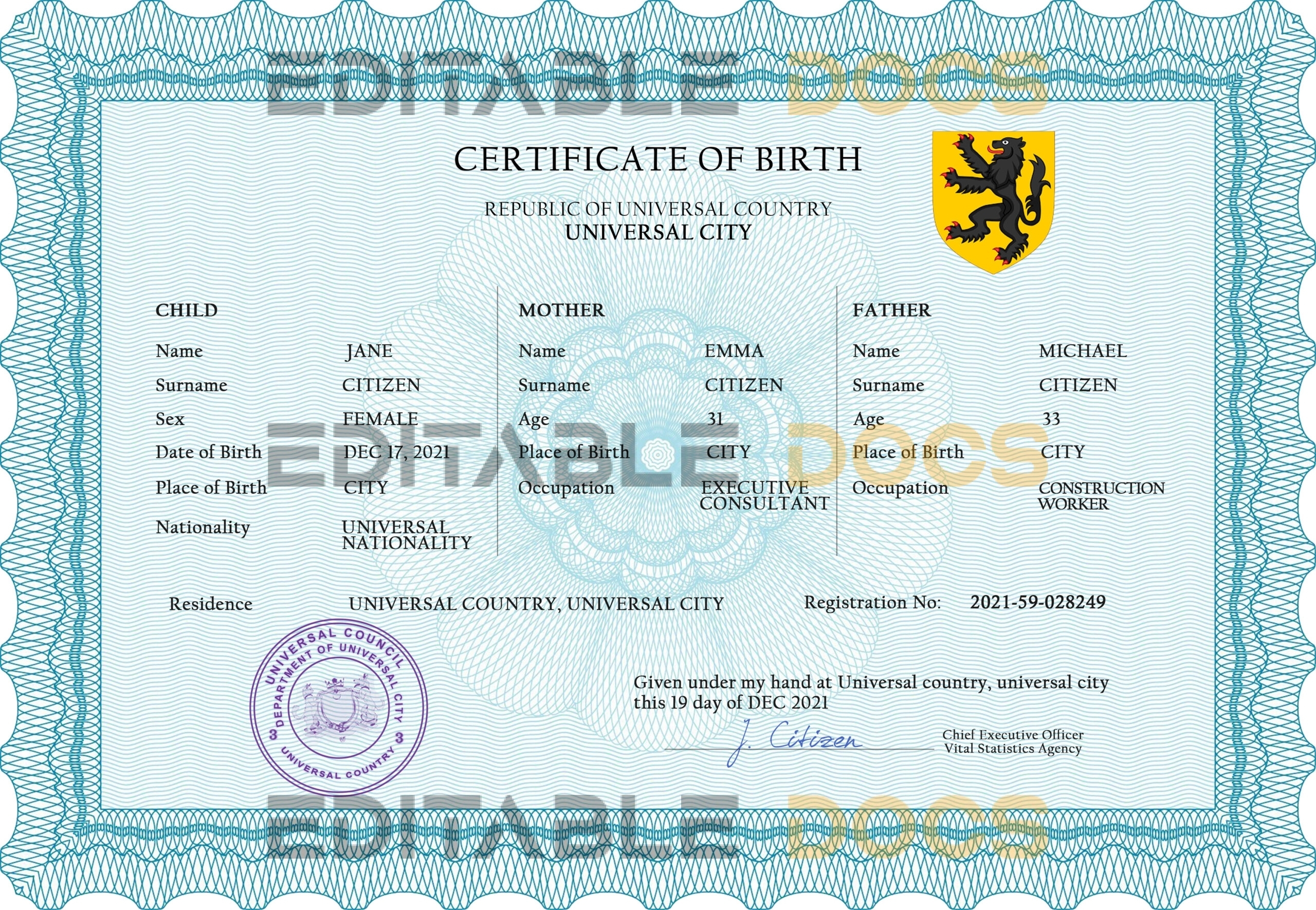 Authentic voice universal Birth Certificate PSD Template | Customize and Download Online