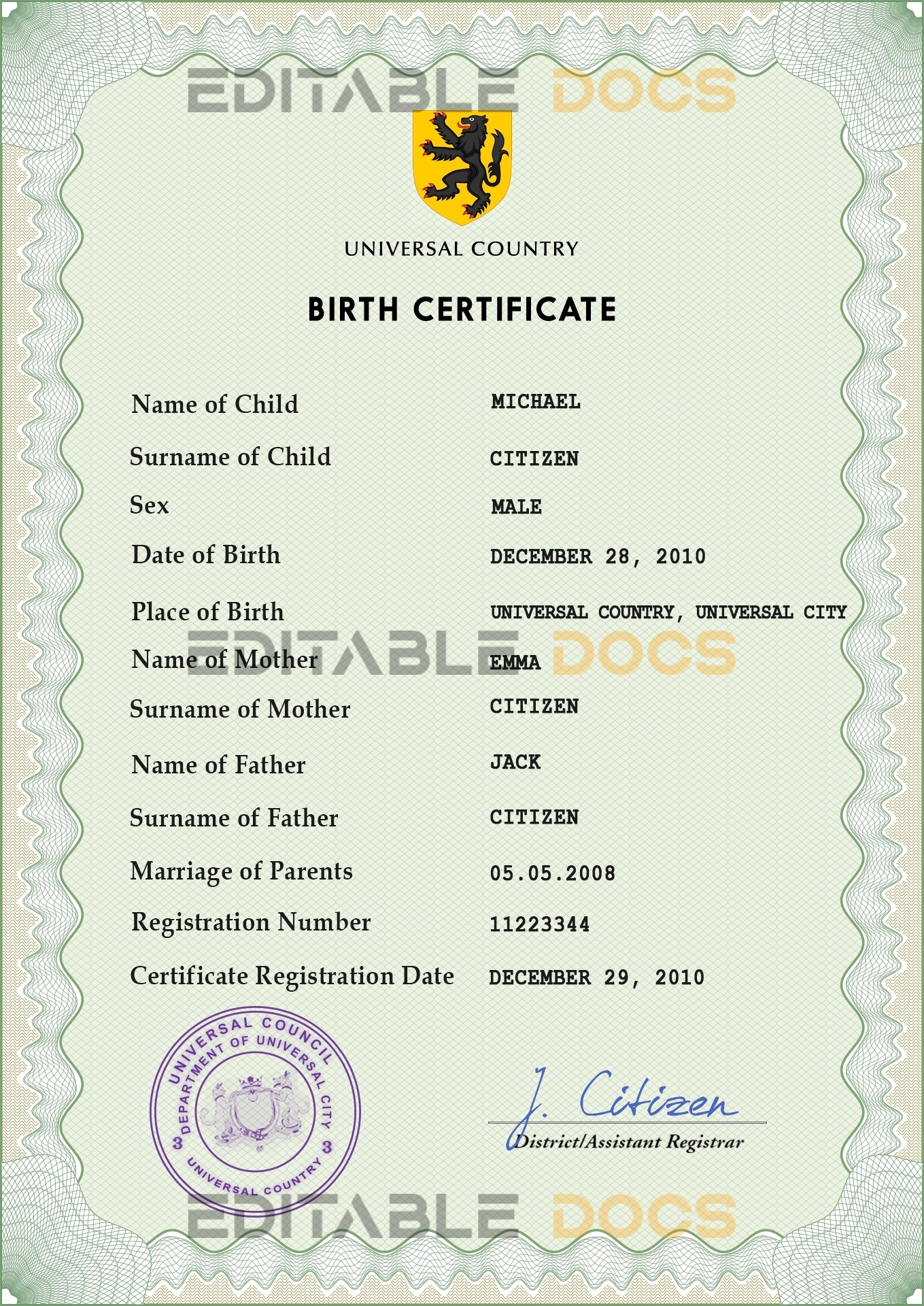 Authentic wisdom universal Birth Certificate PSD Template | Customize and Download Online