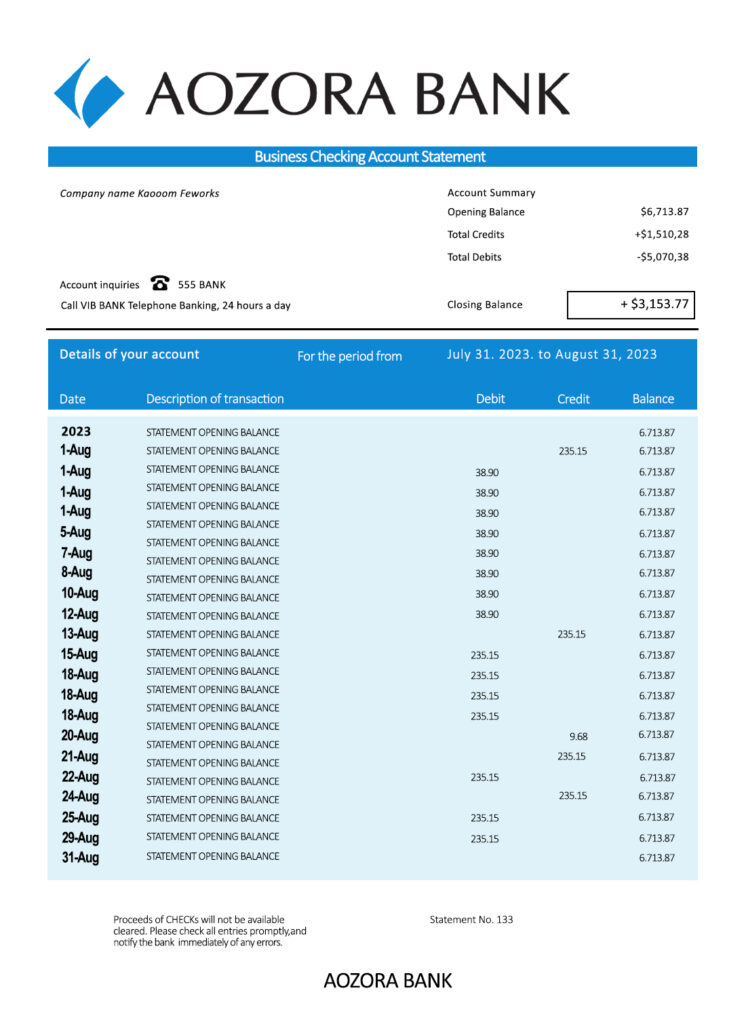 Fake Aozora organization checking Business Bank Statement