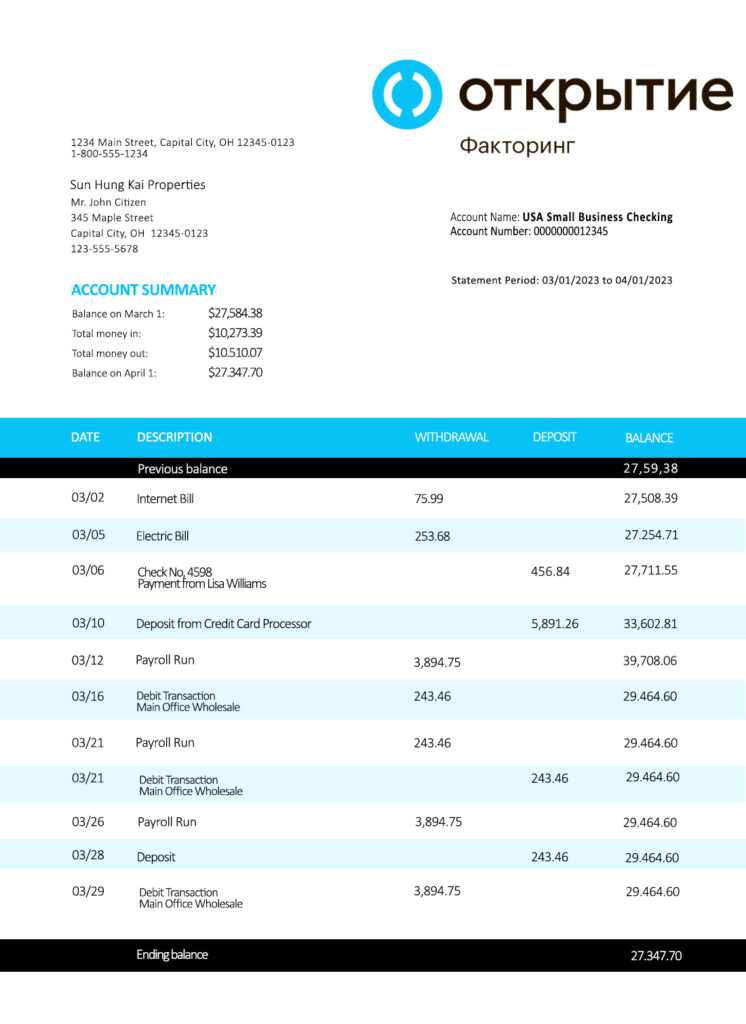 Fake Otkritie FC Bank enterprise Business Bank Statement
