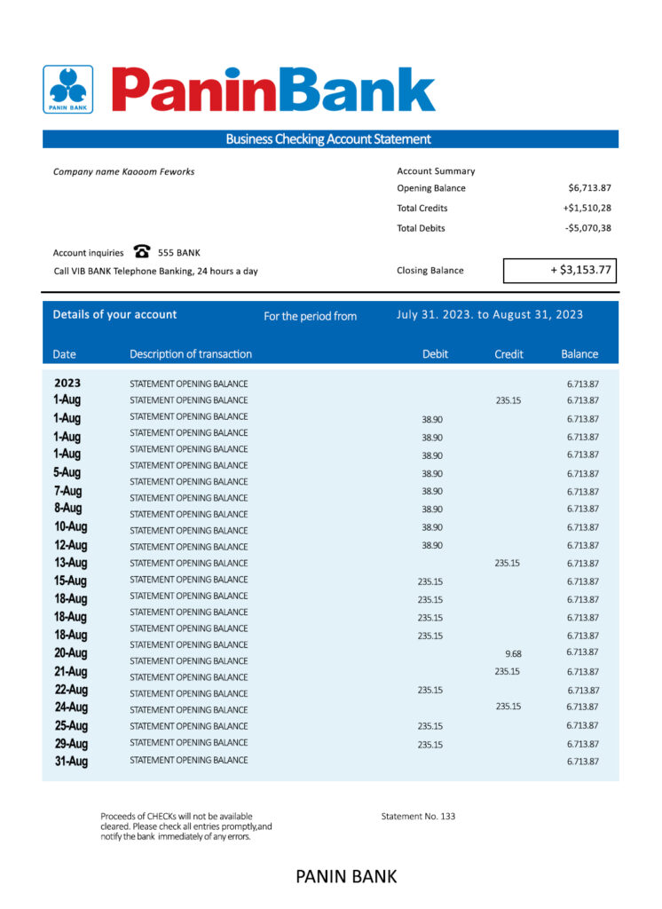 Fake Panin Bank organization checking Business Bank Statement